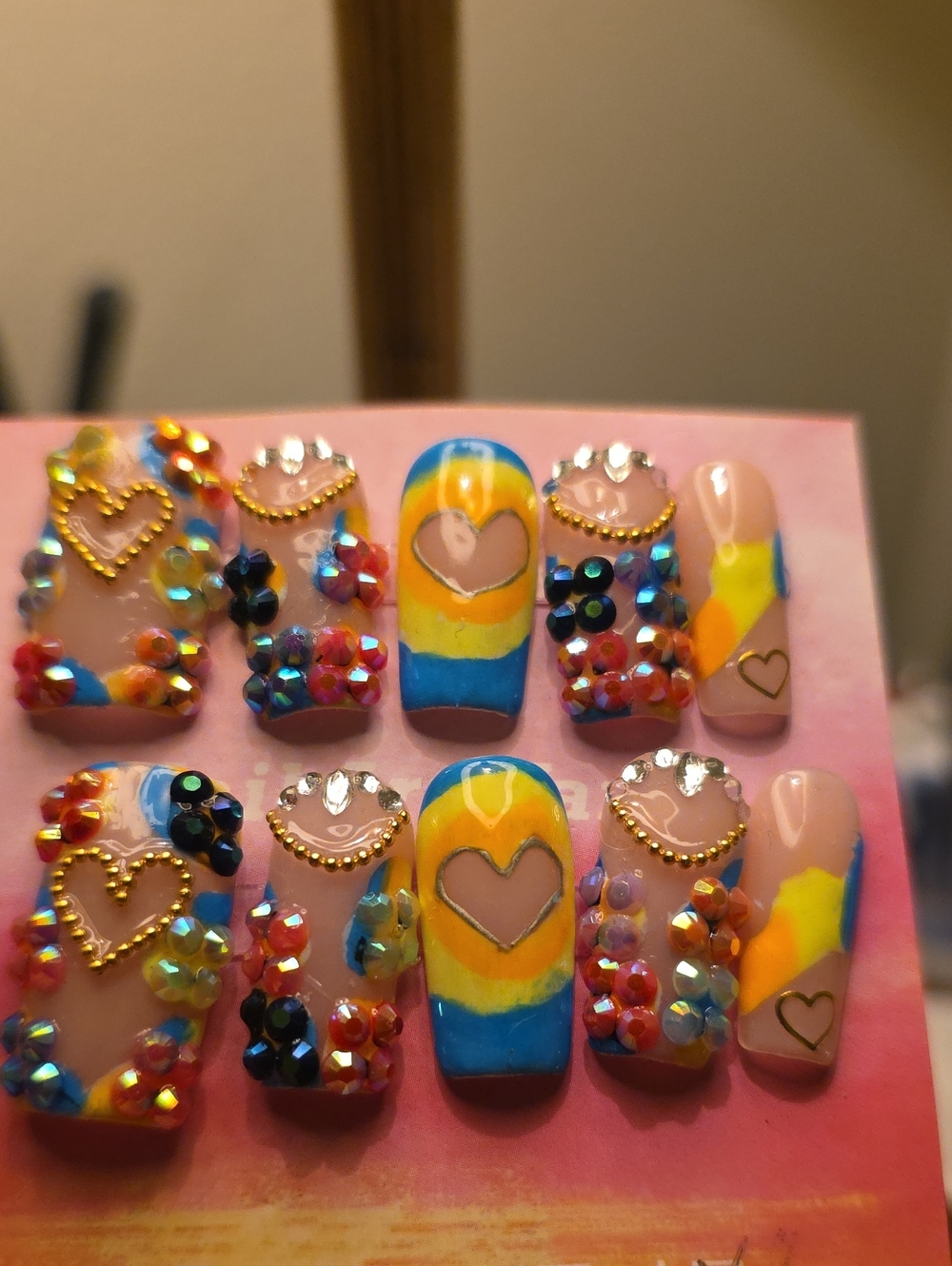 Colorful Heart Accent Press-On Nail Set - Pink, Blue & Yellow Size Large